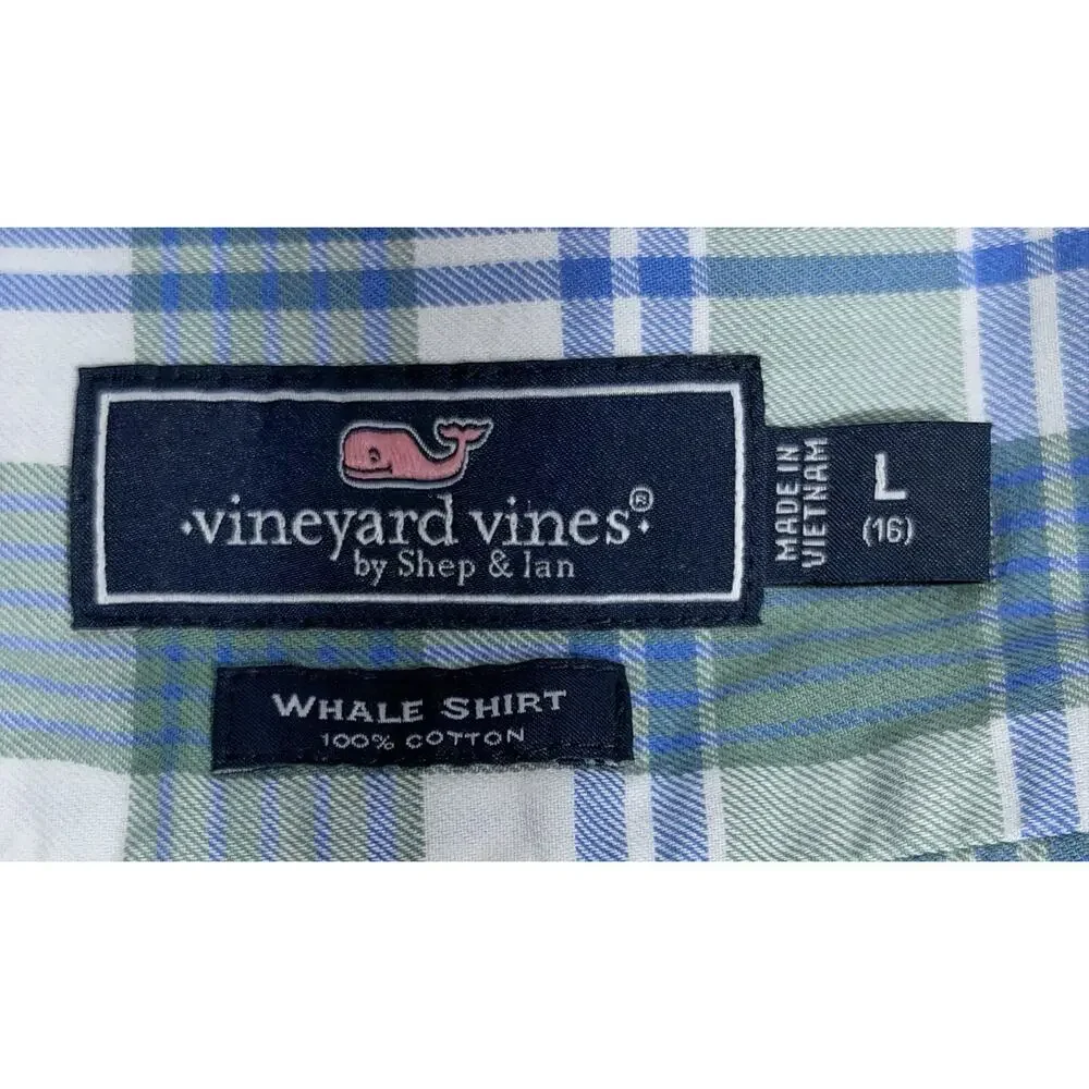 Vineyard Vines Whale Shirt Boys L 16 Cotton Green Plaid Long Sleeve Flannel Logo